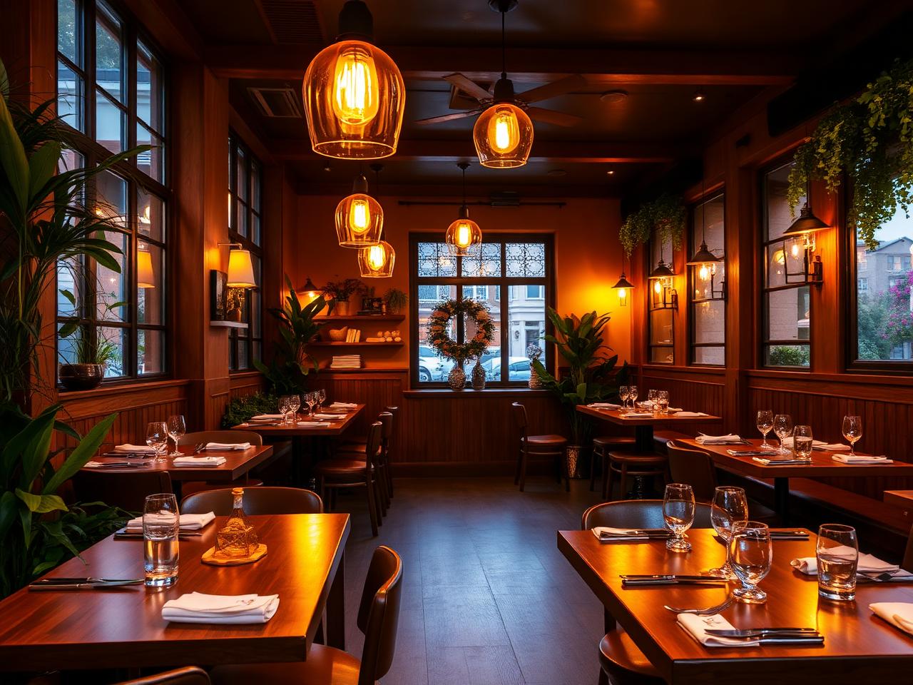 Warm dining room of Cozy Restaurant with amber pendant lights